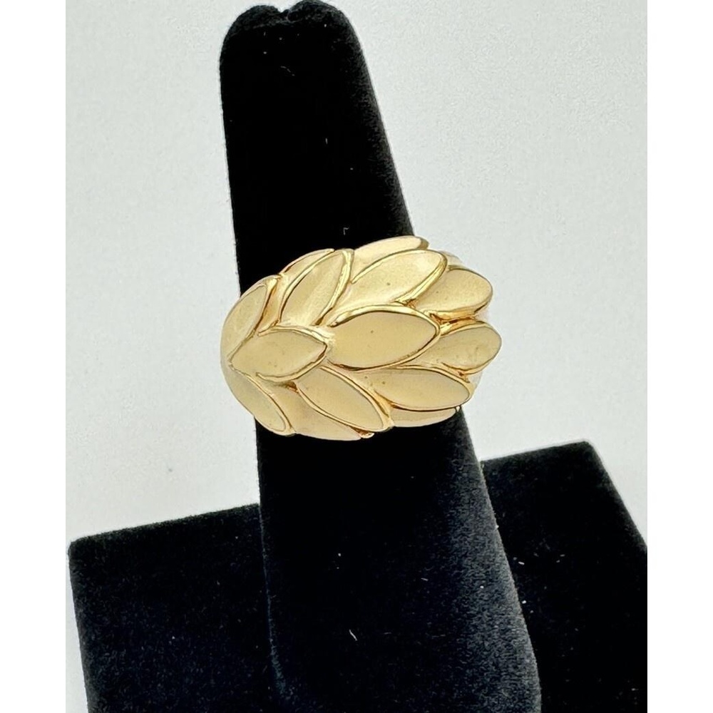 Vintage Signed 18K GE Gold Plated Cream EnamelFeather Leaves Statement Ring 6.75